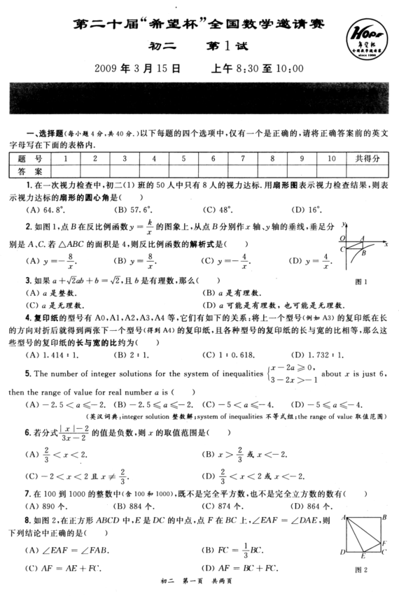 第二十届“希望杯”数学邀请赛初二组一试试题1