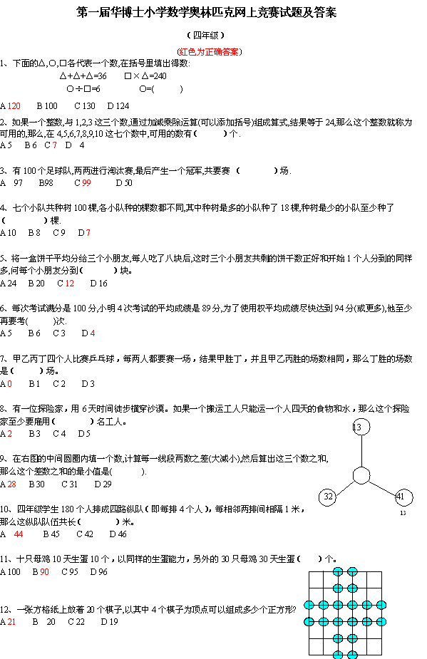 第一届华博士小学数学奥网赛试题及答案(四年级)1