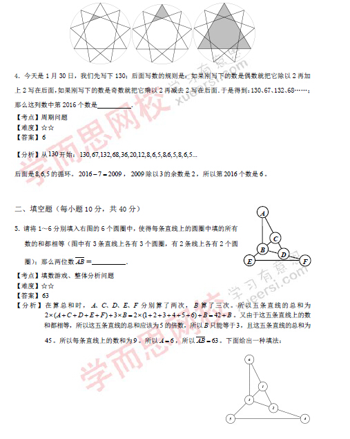 2016郑州数学花园探秘复赛小中组A卷试题&详解2