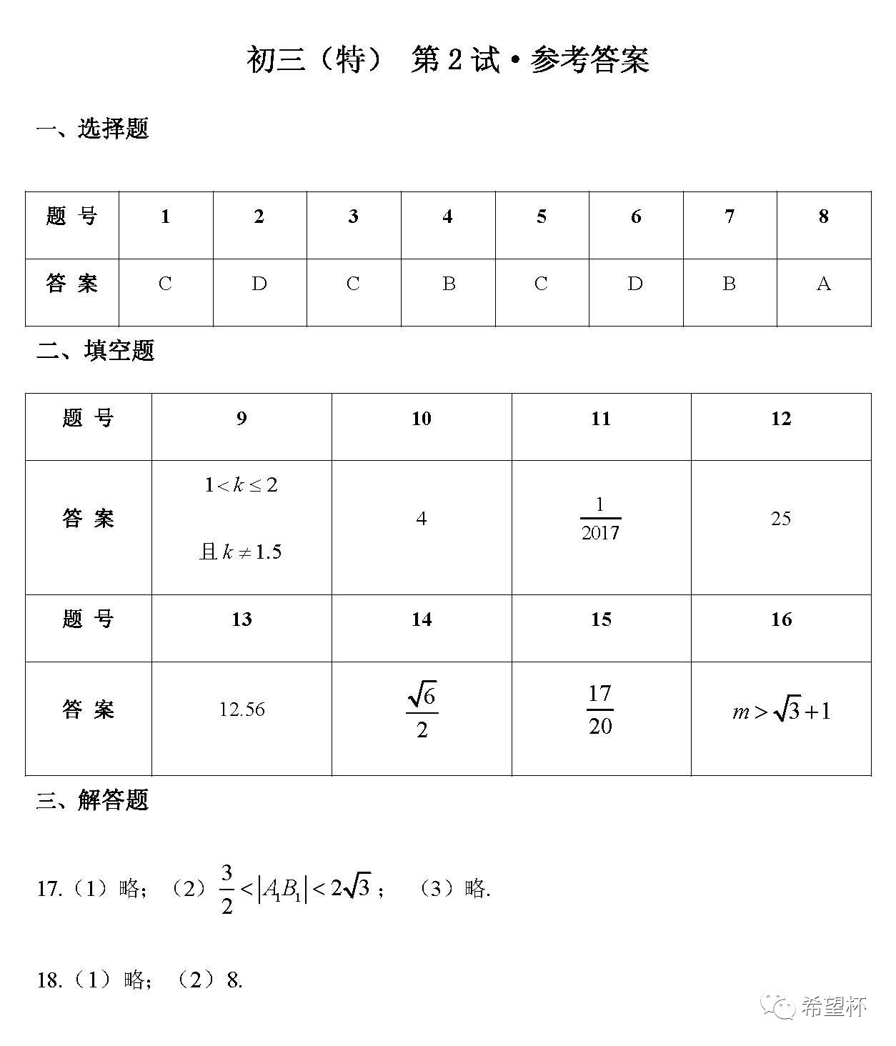 重庆第28届“希望杯”初三年级二试特卷答案1